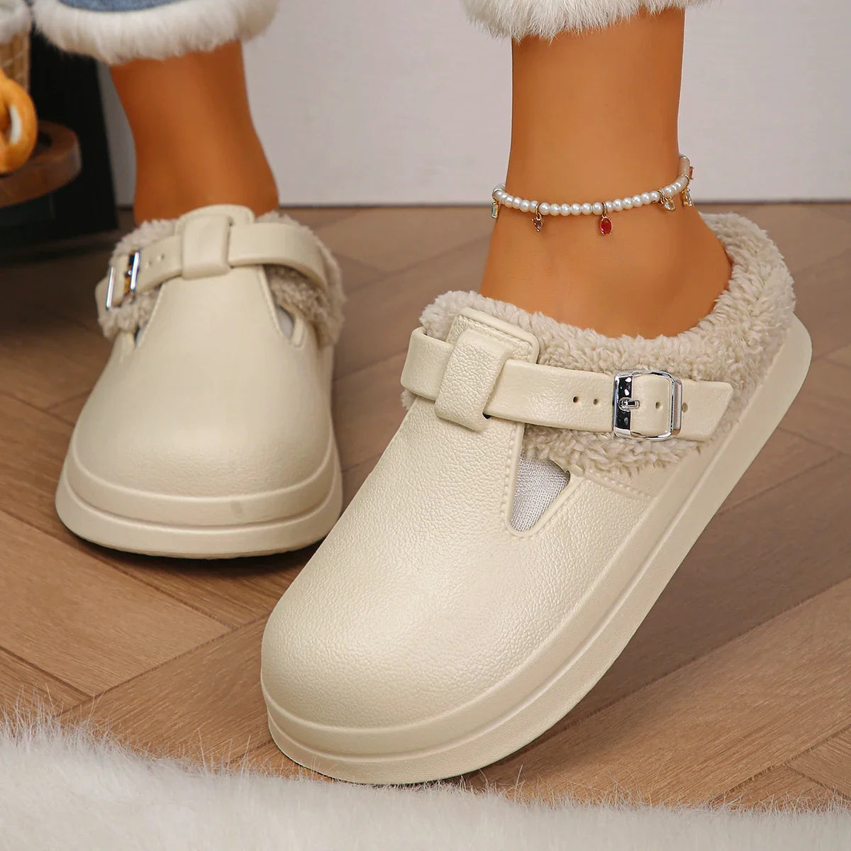Waterproof Eva Furry Mules Slippers Women 2025 Winter Metal Buckle Warm Plush Slippers Soft Thick Bottom Non Slip Indoor Slides LadyShow.Store