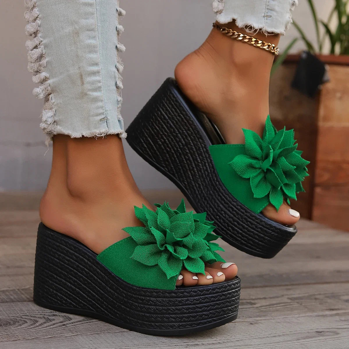 Women Platform Slippers 2024 New Summer Beach Wedges Sandals Fashion Flower Casual Slippers Women High Heel Slippers Women LadyShow.Store