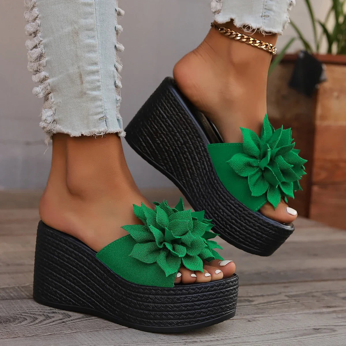 Women Platform Slippers 2024 New Summer Beach Wedges Sandals Fashion Flower Casual Slippers Women High Heel Slippers Women LadyShow.Store