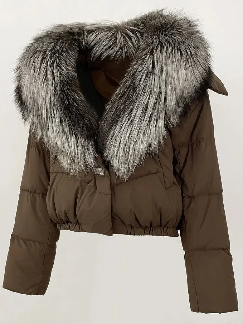 Down Jacket Women Short Puffer Jacket Thick New Big Natural Real Fox Fur Coat  Autumn Winter Female White Duck Down Coat Feather LadyShow.Store