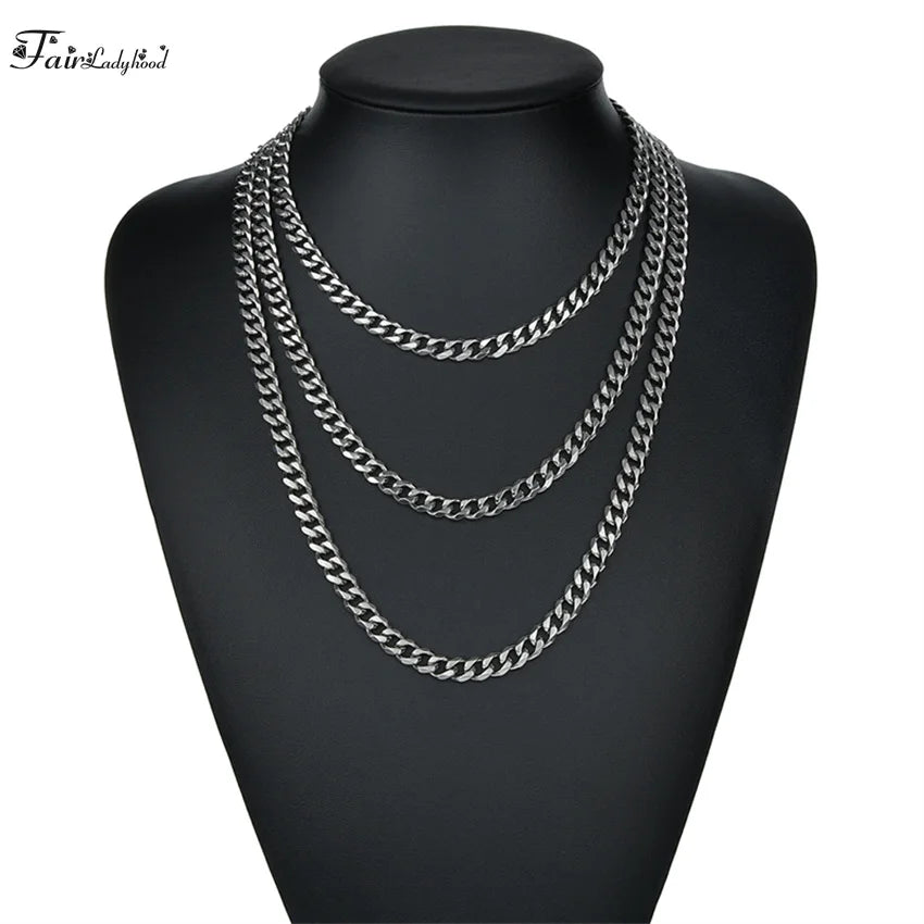 1 piece Size 3.6mm-9mm Men's Necklace Stainless Steel Cuban Link Chain Bracelet Necklace Steel Color Male Jewelry Pi-Mart