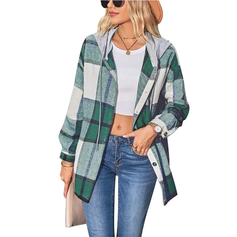 Women Hooded Plaid Wool Coat Blouse Top Spring Summer Fashion Outerwear Pi-Mart