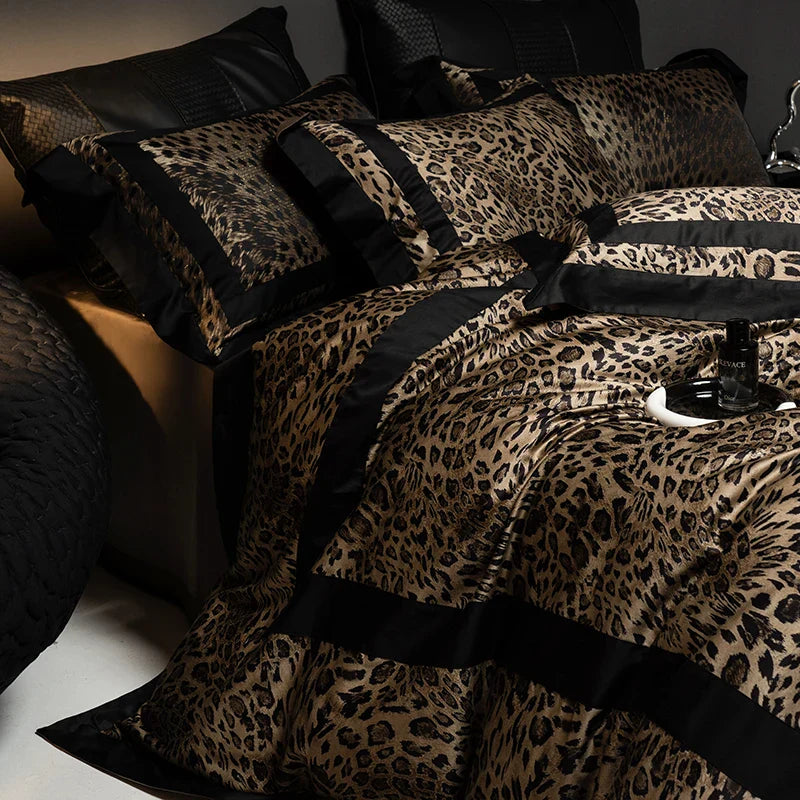 1000TC Egyptian Cotton Leopard Print Fashion Luxury Bedding Set Queen King Size Duvet Cover Flat/Fitted Bed Sheet Pillowcases LadyShow.Store