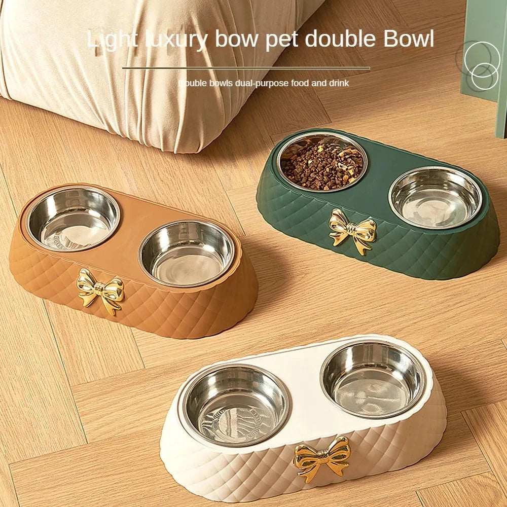 Pet Supplies Bow-tie Bowknot Cats Food Bowl PP Base Dog Bowl Stainless Steel Double Pet Accessories Feeding Drinking Double Bowl Pi-Mart