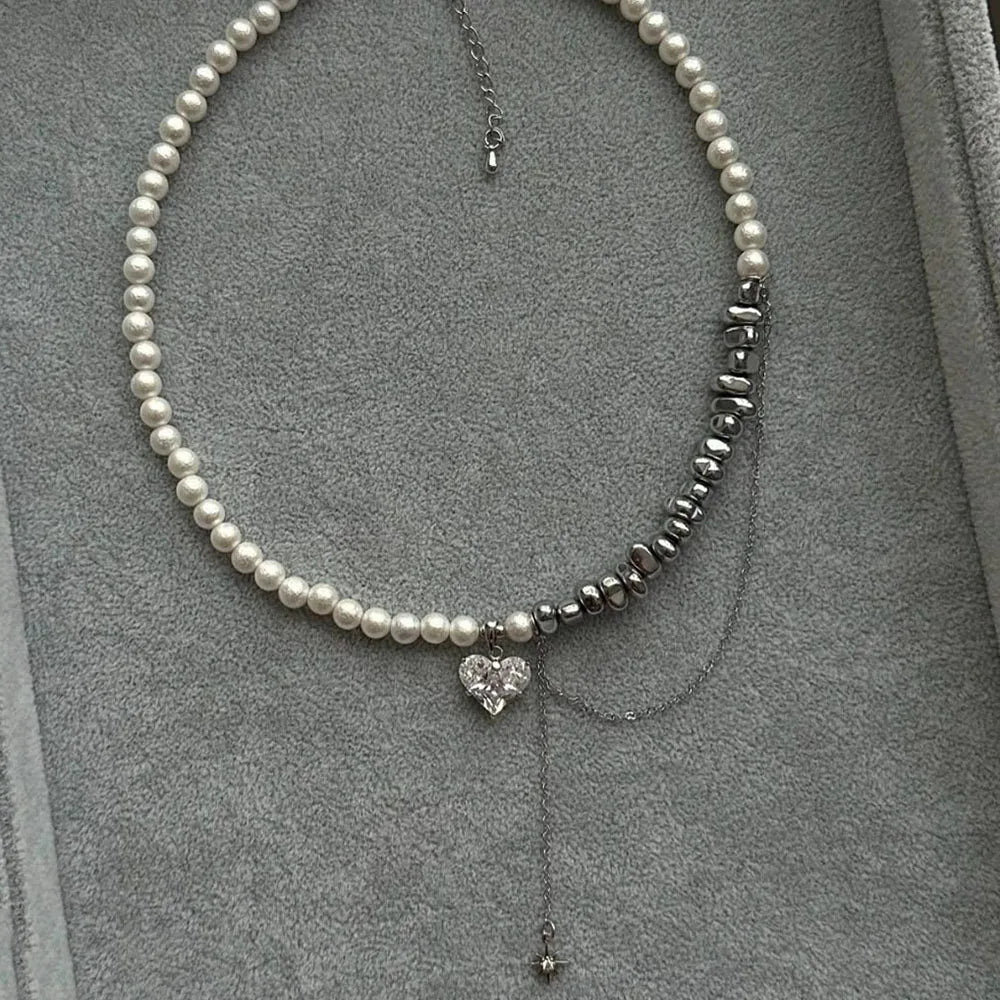 New Irregular Choker Vintage Tassels Zircon Heart Pendant Necklace For Women Female White Imitation Pearl Chain Valentine's Gift Pi-Mart