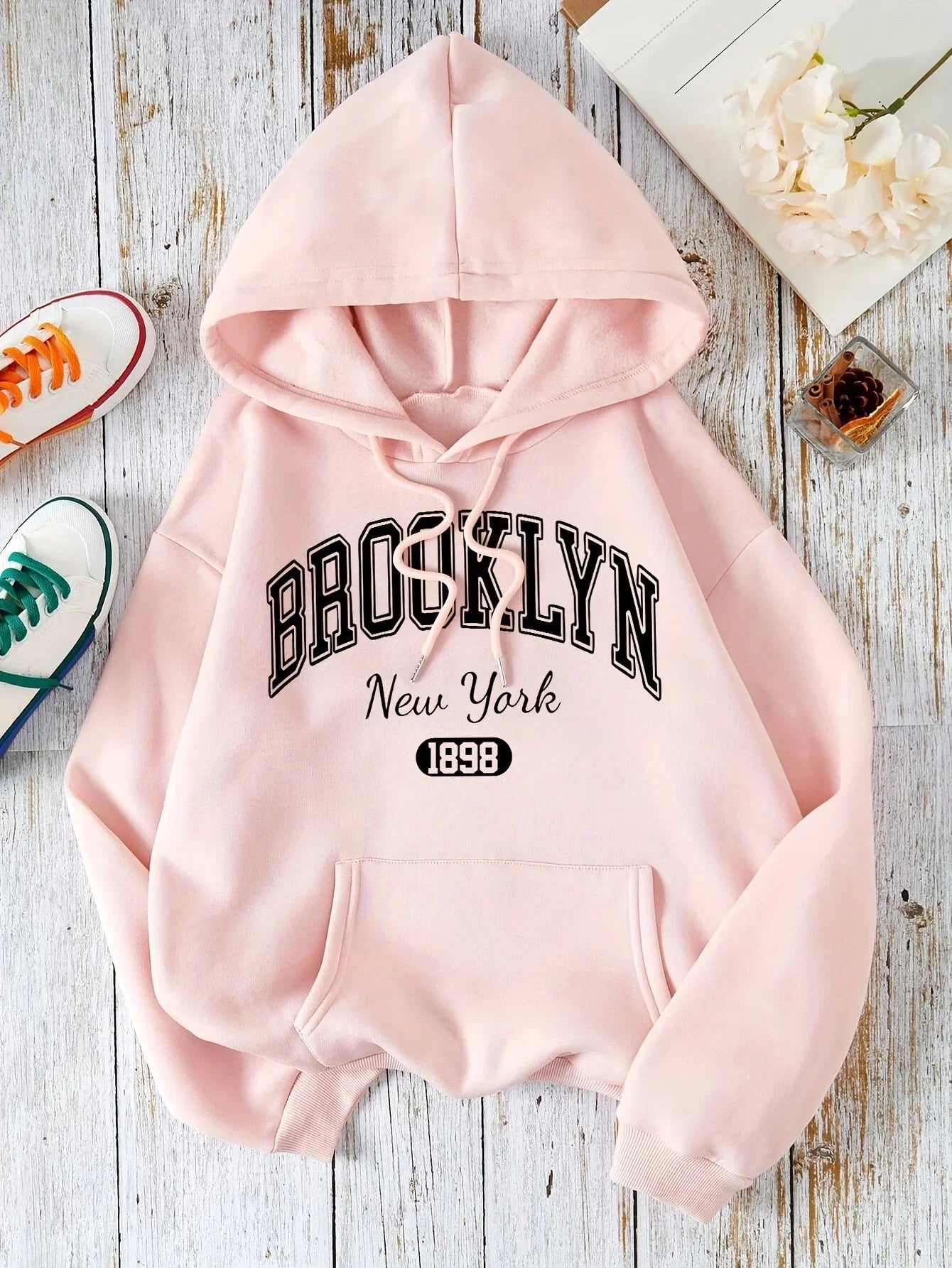 Brooklyn New York 1898 Hoodie Sweatshirt - Casual Polyester Hooded Pullover with Drawstring Alphabet Pattern LadyShow.Store