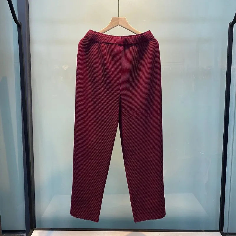 Miyake Pleated Sweatshirt Pit Stripe Zipper Standing Collar Jacket Women 2025 New Casual Pullover Hundred Pleat Skinny Tops LadyShow.Store