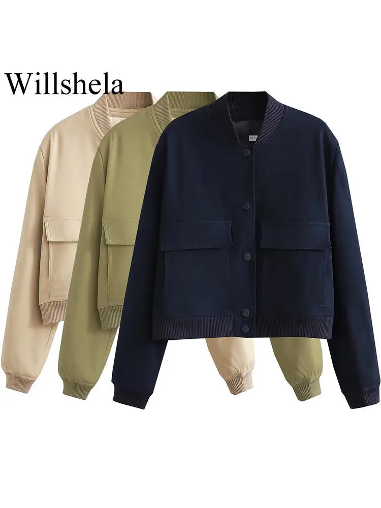 Willshela Women Fashion Solid Bomber Jackets Coat With Pockets V-Neck Single Breasted Long Sleeves Female Chic Lady Outfits LadyShow.Store