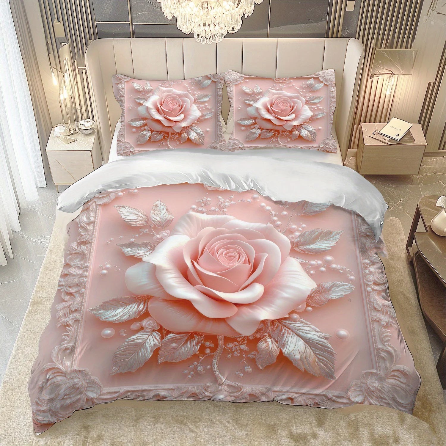 Latacaca 2/3Pcs Pink Rose Duvet Cover Set, Soft Comfortable Floral Bedding with Pillowcases, Machine Washable Queen King Size Pi-Mart
