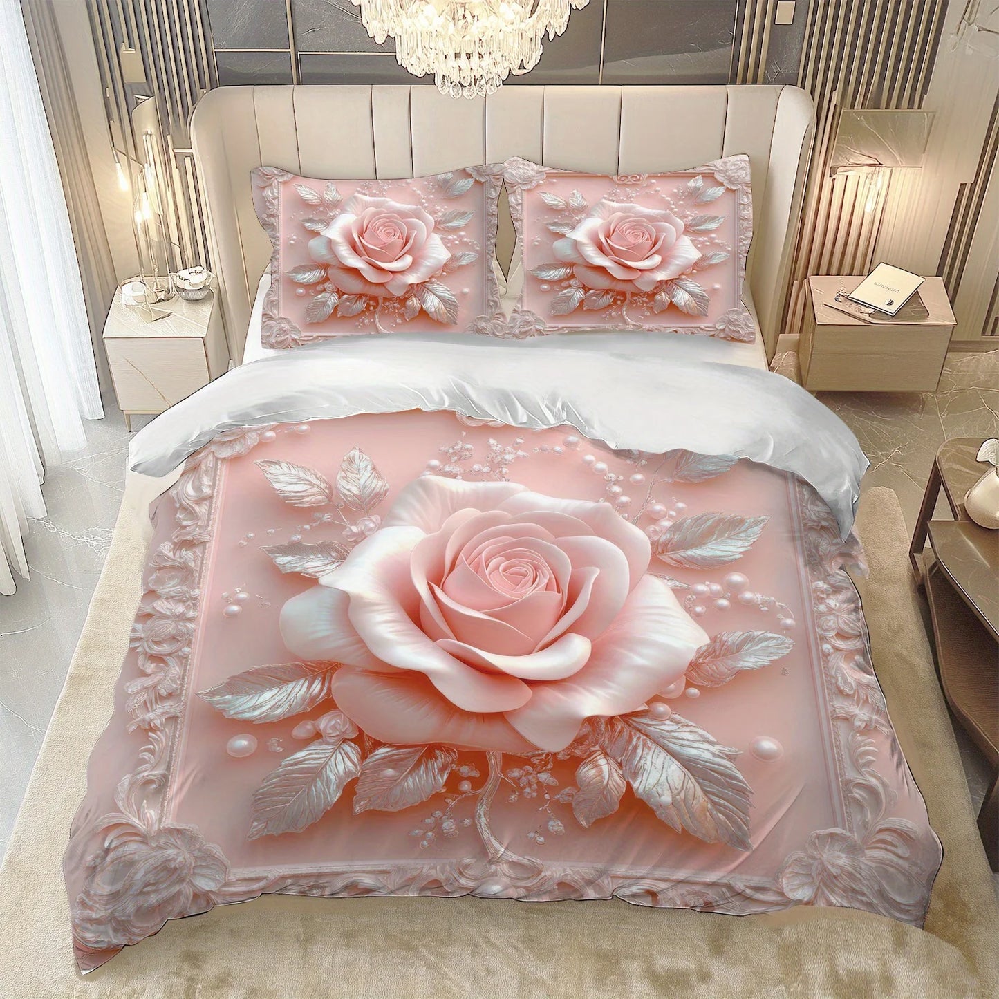 Latacaca 2/3Pcs Pink Rose Duvet Cover Set, Soft Comfortable Floral Bedding with Pillowcases, Machine Washable Queen King Size Pi-Mart