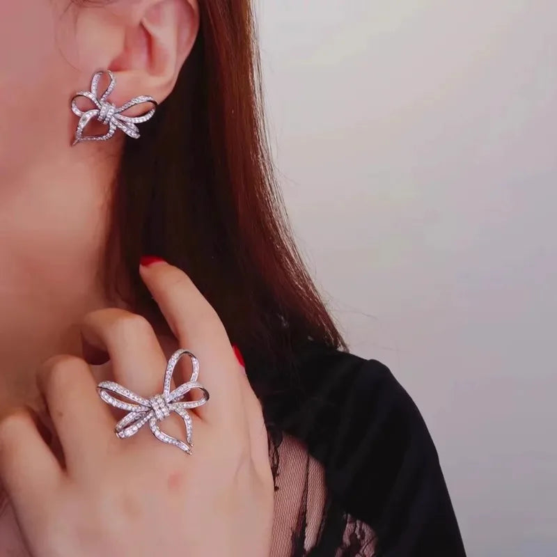 Huitan Exquisite Bow Shaped Stud Earrings for Women Bling Bling Cubic Zirconia Romantic Bowknot Earrings Wedding Trendy Jewelry Pi-Mart