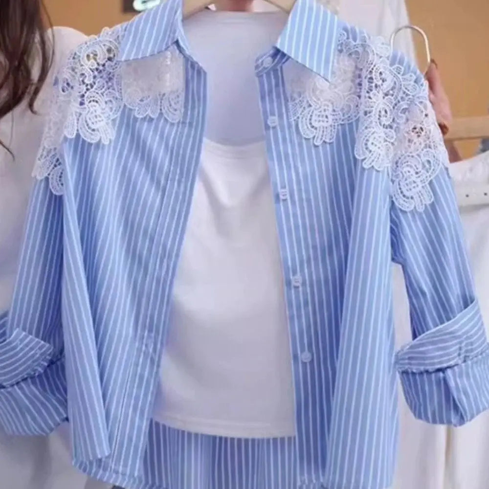 Lace Hook Splicing Polo Neck Striped Women Shirt Spring New Loose Jacket Top LadyShow.Store