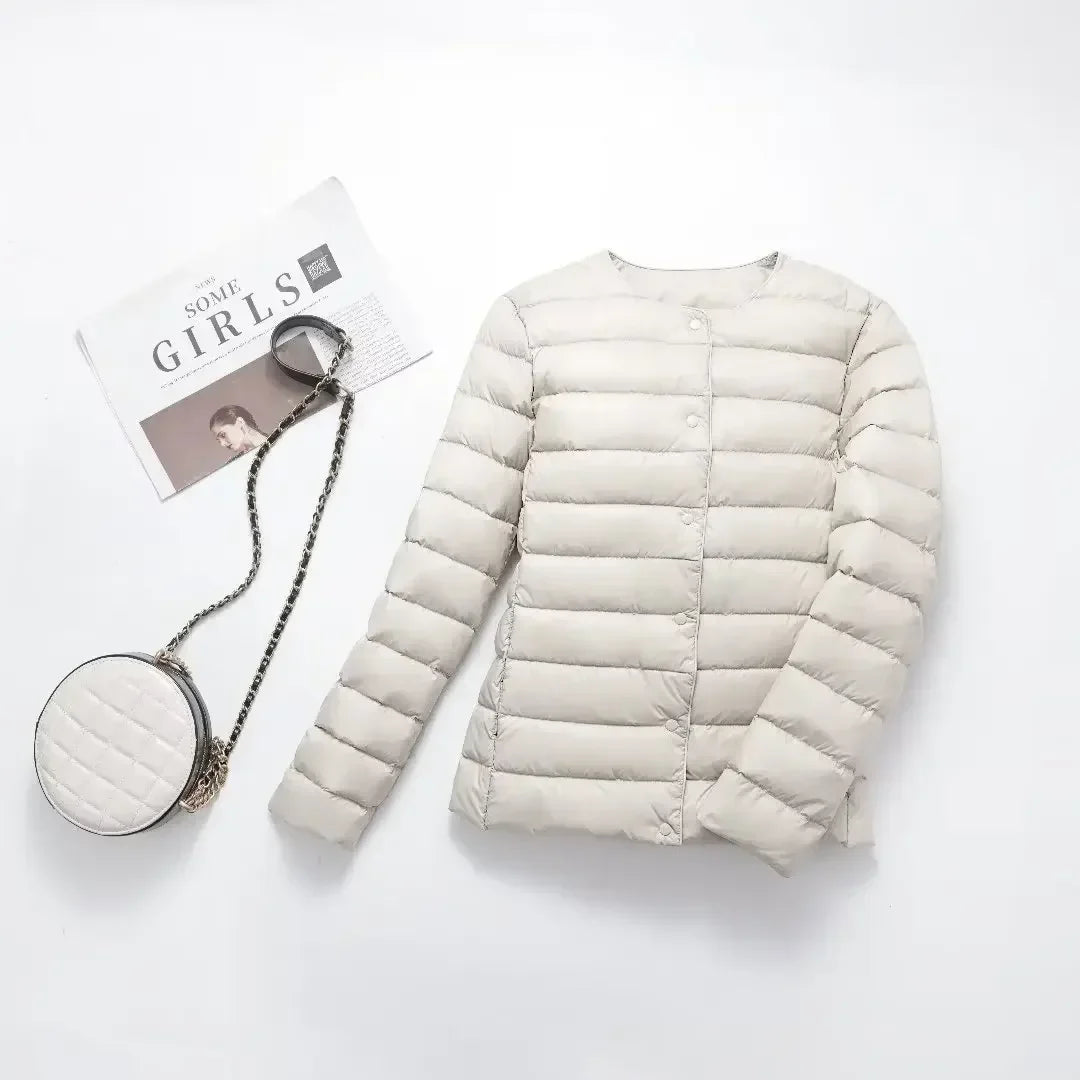 New Female Light Down Coat Women Liner Duck Down Jacket O-neck Variable V-neck 2024 Fall Collarless Light Quilted Puffer Coat LadyShow.Store