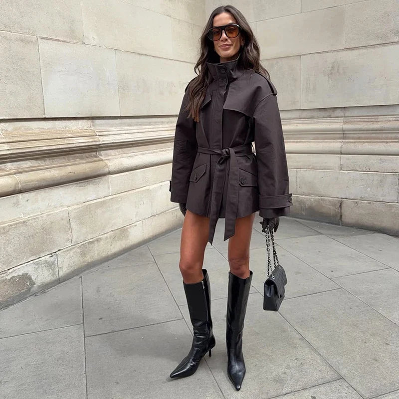 Solid Women's Trench Jacket Commute Stand Collar Long Sleeve Windbreaker With Lace Up Pocket 2026 New Autumn Street Lady Jackets LadyShow.Store