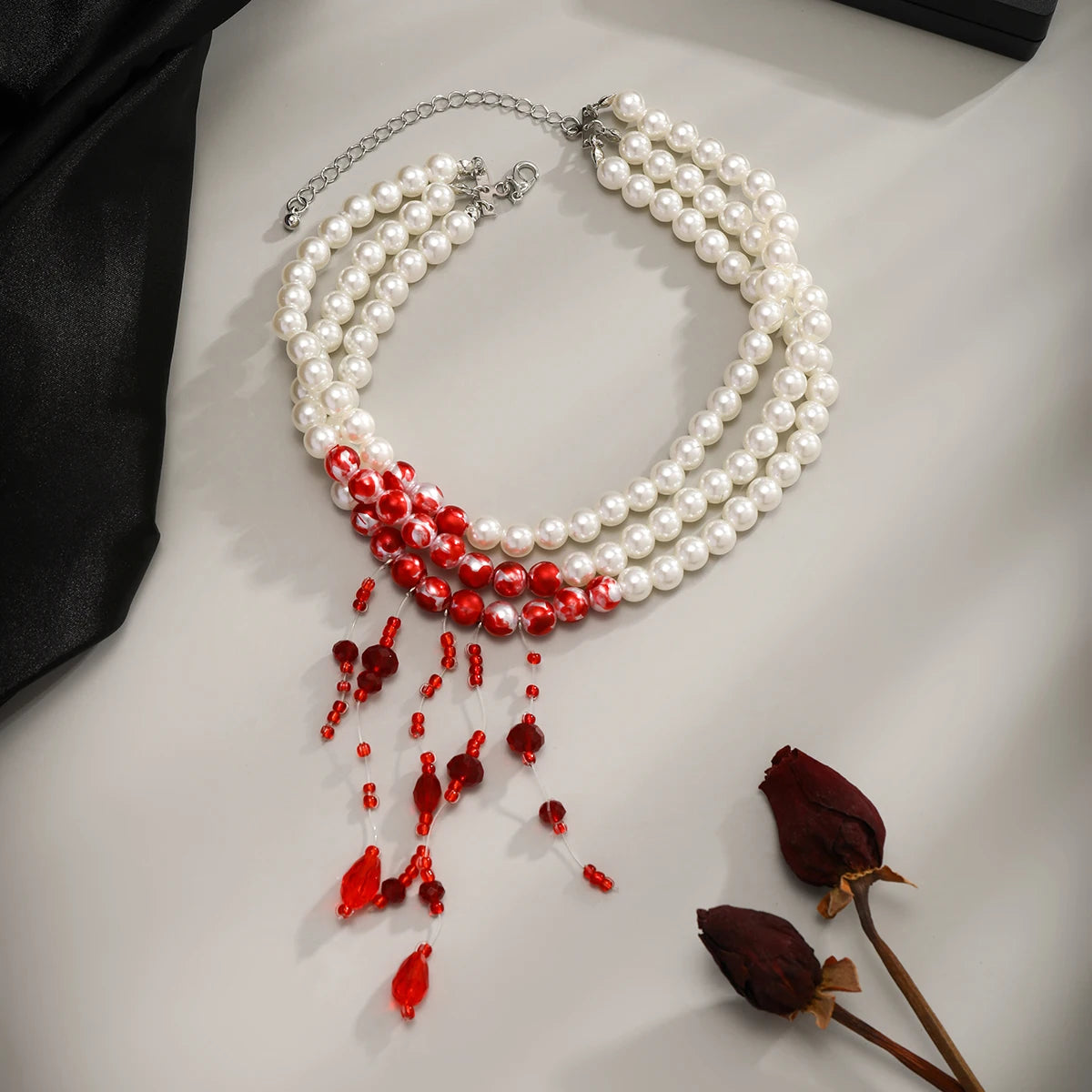 Multilayer Vintage Red Blood Pattern Imitation Pearl Tassel Pendant Necklace for Women Goth Crystal Bead Chain Halloween Jewelry Pi-Mart