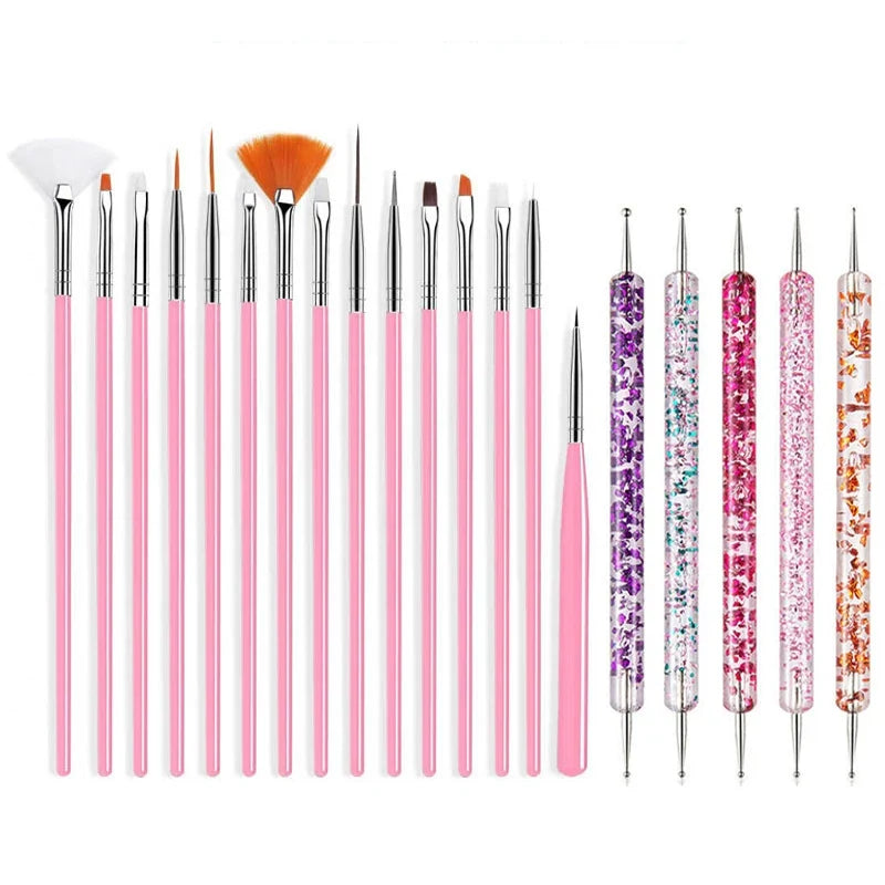 5/20Pcs Nail Art Brush Design Tip Painting Drawing Carving Dotting Pen FlatFan Liner Acrylic Gel UV Polish Manicure Tools Tri Light Beauty