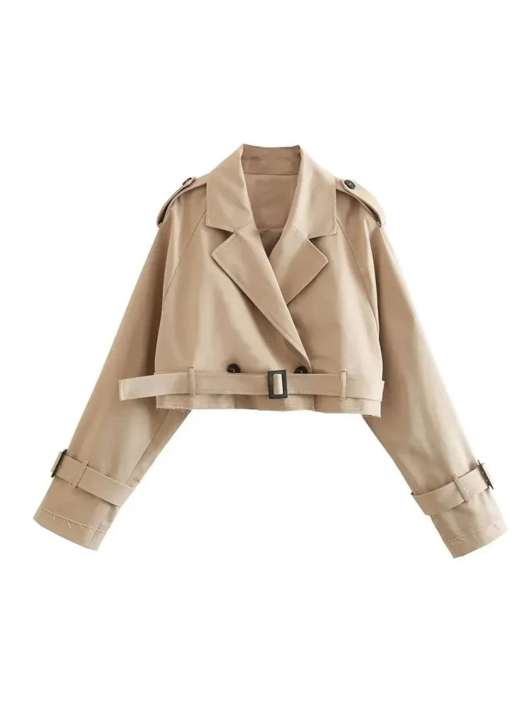 2024 Belt Cropped Trench Spring Jacket Women Vintage Streetwear Double Breasted Long Sleeve Top Female Coat Outfits LadyShow.Store