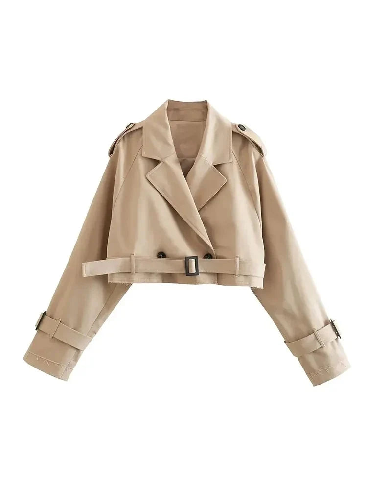 2024 Belt Cropped Trench Spring Jacket Women Vintage Streetwear Double Breasted Long Sleeve Top Female Coat Outfits LadyShow.Store