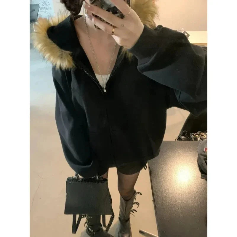 Korean Fashion Sweatshirts Harajuku Gothic Printed Coats Jackets Subculture Vintage Faux Fur Hooded Women Casual Y2k Clothing LadyShow.Store