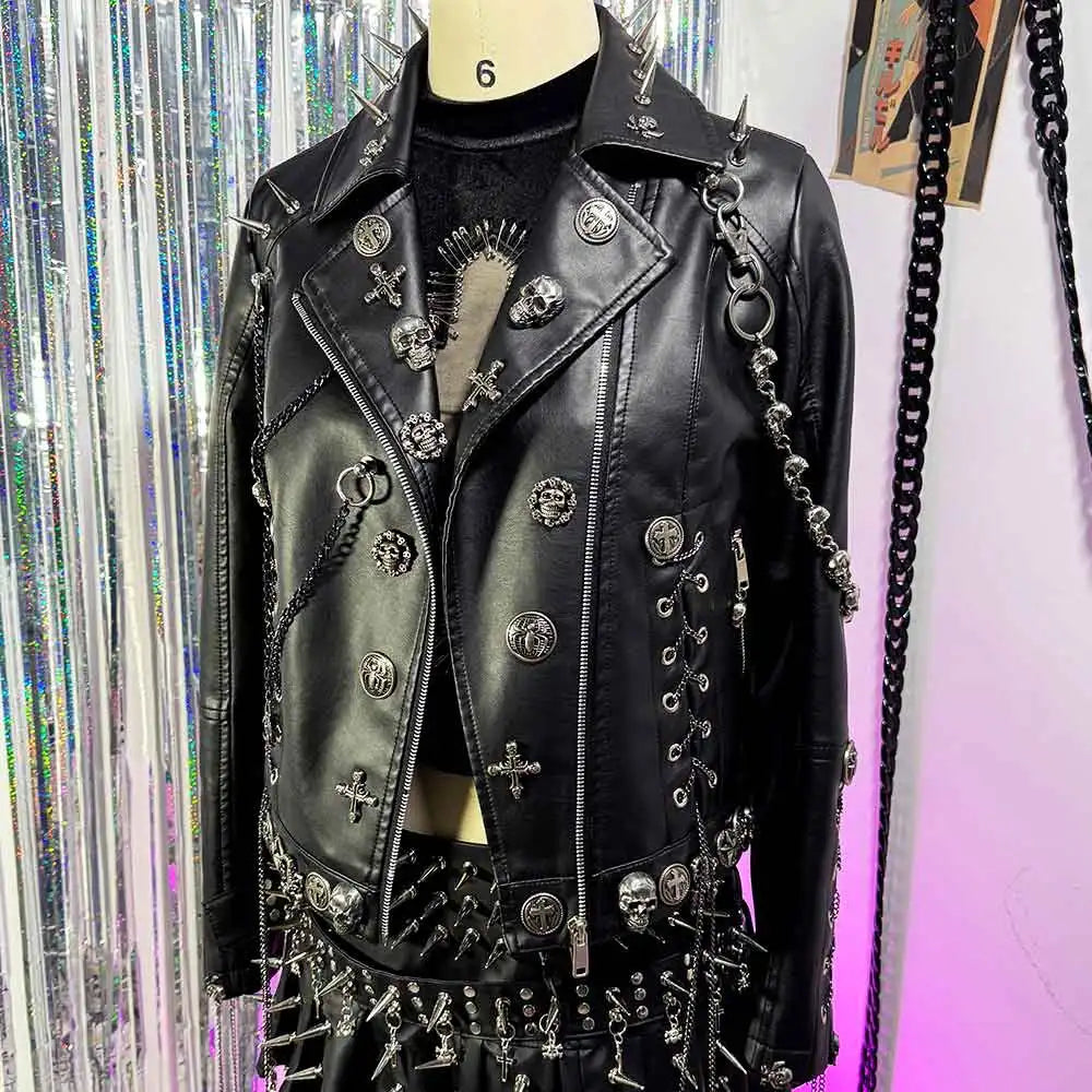 Women's Y2K Goth Black PU Leather Jacket Gothic Boho Emo Clothing with Skull Chain Punk Rock Grunge Rave Festival Coat for Teens Pi-Mart