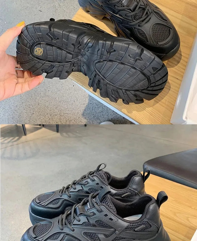 Women New Fashion Platform Sport Shoes Women 2024 New Summer Black Casual Chunky Sneakers Women Mesh Leather Platform Shoes Pi-Mart