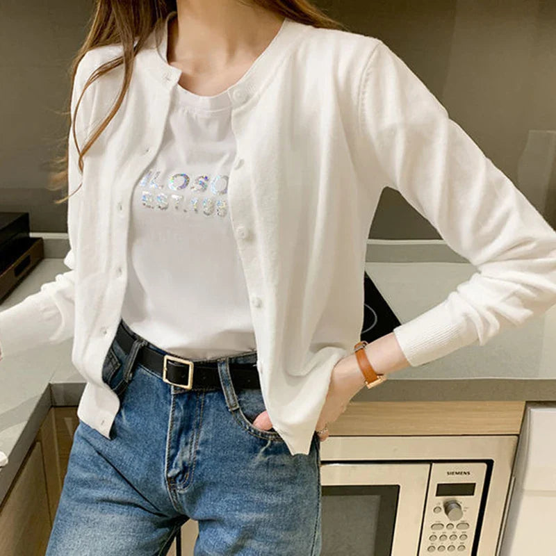 Rimocy Knitted Cardigan Jacket Women 2025 Spring Autumn Round Neck Casual Cardigans Woman Solid Color Slim Korean Jumpers Female LadyShow.Store