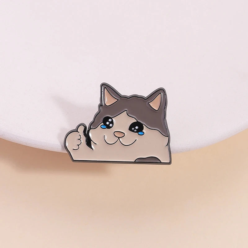 Thumb Up Crying Cat Enamel Pin Kawaii Humorous Animal Brooch Lapel Backpack Badge Funny Jewelry Gifts For Cat Lovers Friends Pi-Mart
