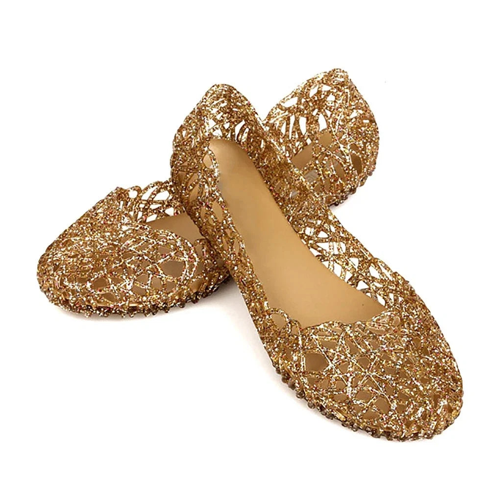 Comfortable Flat-soled Women Sandals Clear Shallow Mouth Beach Jelly Shoes Breathable Hollow Out Bling Sandals Footwear LadyShow.Store