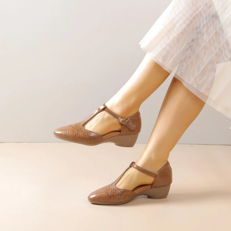 Women's Plus Size Retro Cutout Wedge Loafers, Adjustable T-Strap Breathable Pumps for Summer Daily & Commute Pi-Mart