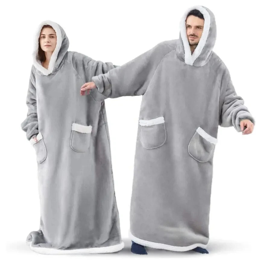 180cm Super Long Flannel Blanket Pyjamas with Sleeves Winter Hoodies Sweatshirt Women Men Pullover Fleece Giant Oversized Outdoo Pi-Mart