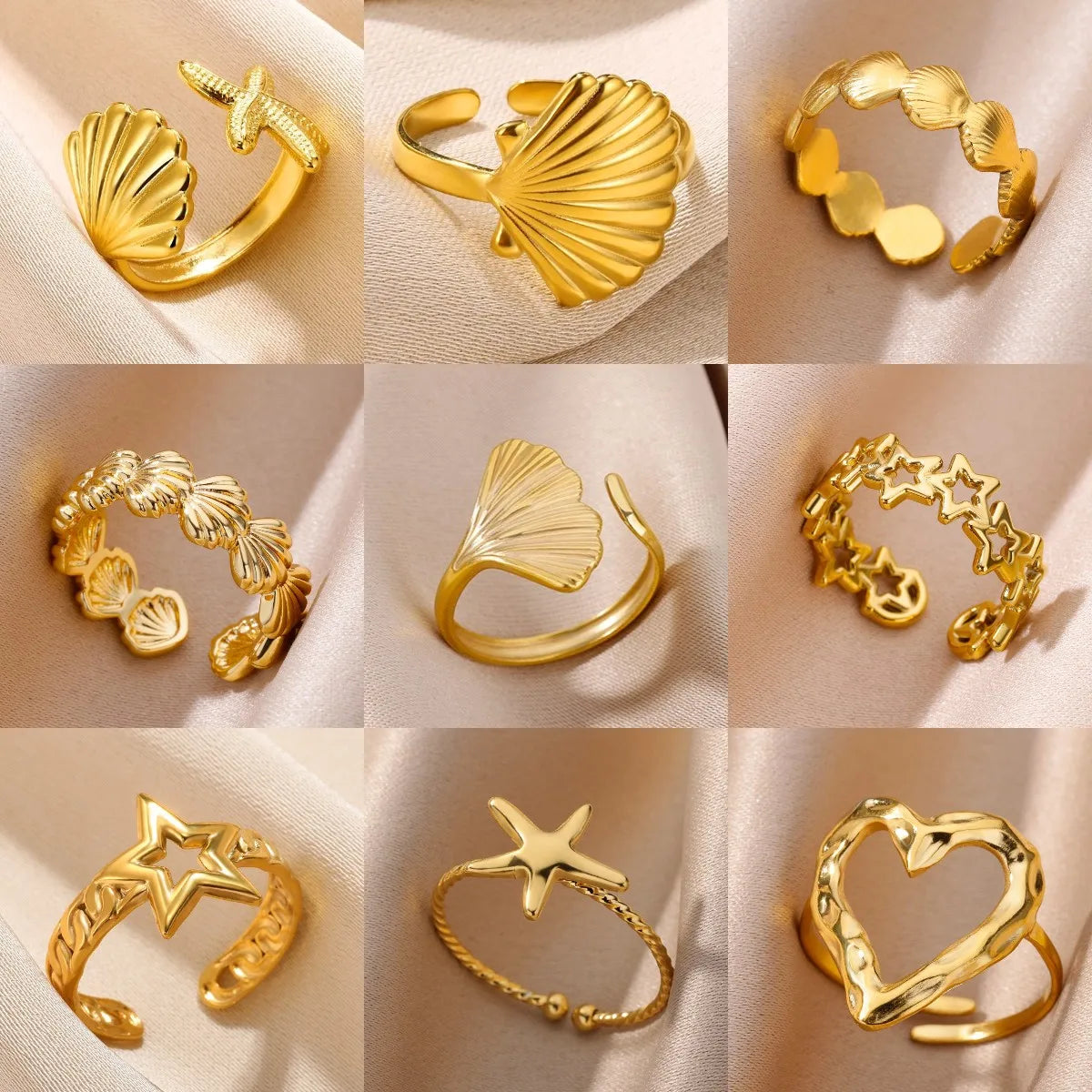 316L Stainless Steel Shell Rings for Women Adjustable Gold Color Little Star Open Rings Female Jewelry Weddings Gifts New Trendy Pi-Mart