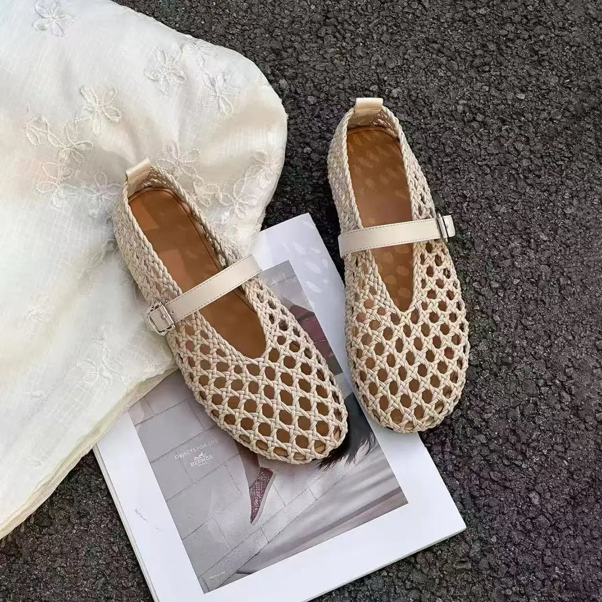 2026 Summer New Fashion Simple One-Buckle Vintage Flats for Women, Soft and Comfortable Ballet Shoes, Shallow Mouth Sandals Pi-Mart