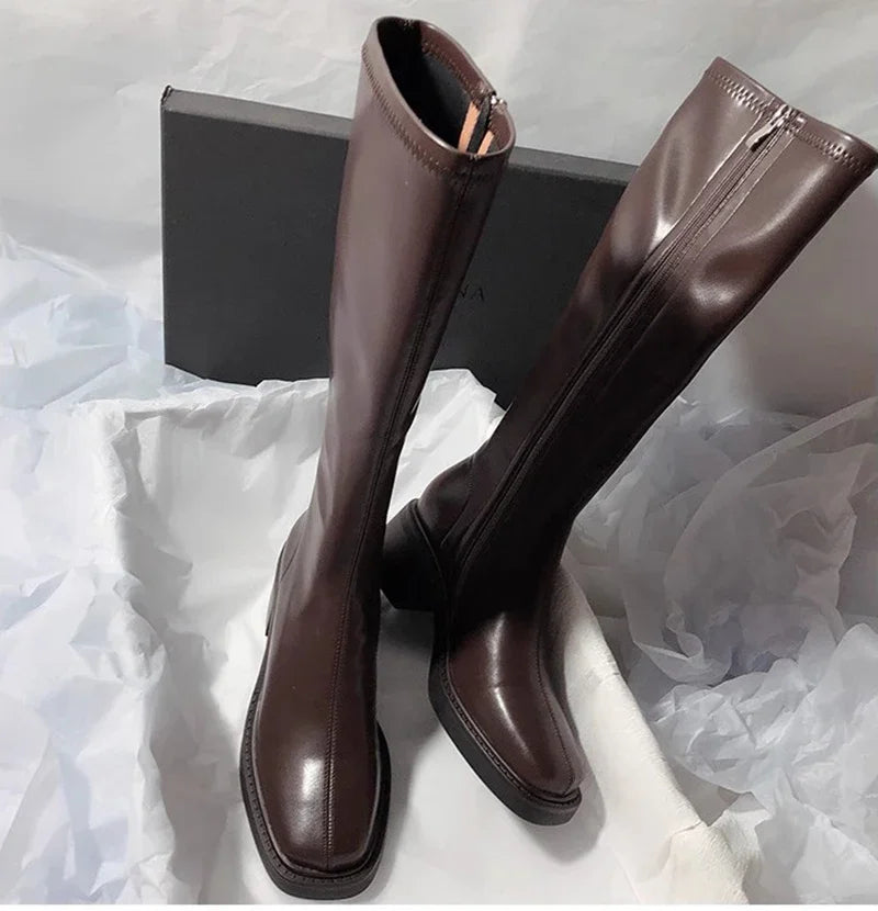 Vintage Thick Heel Women Knee High Boots Fashion Side Zippers Shoes Autumn Winter Ladies Concise Long Botas De Mujer Pi-Mart