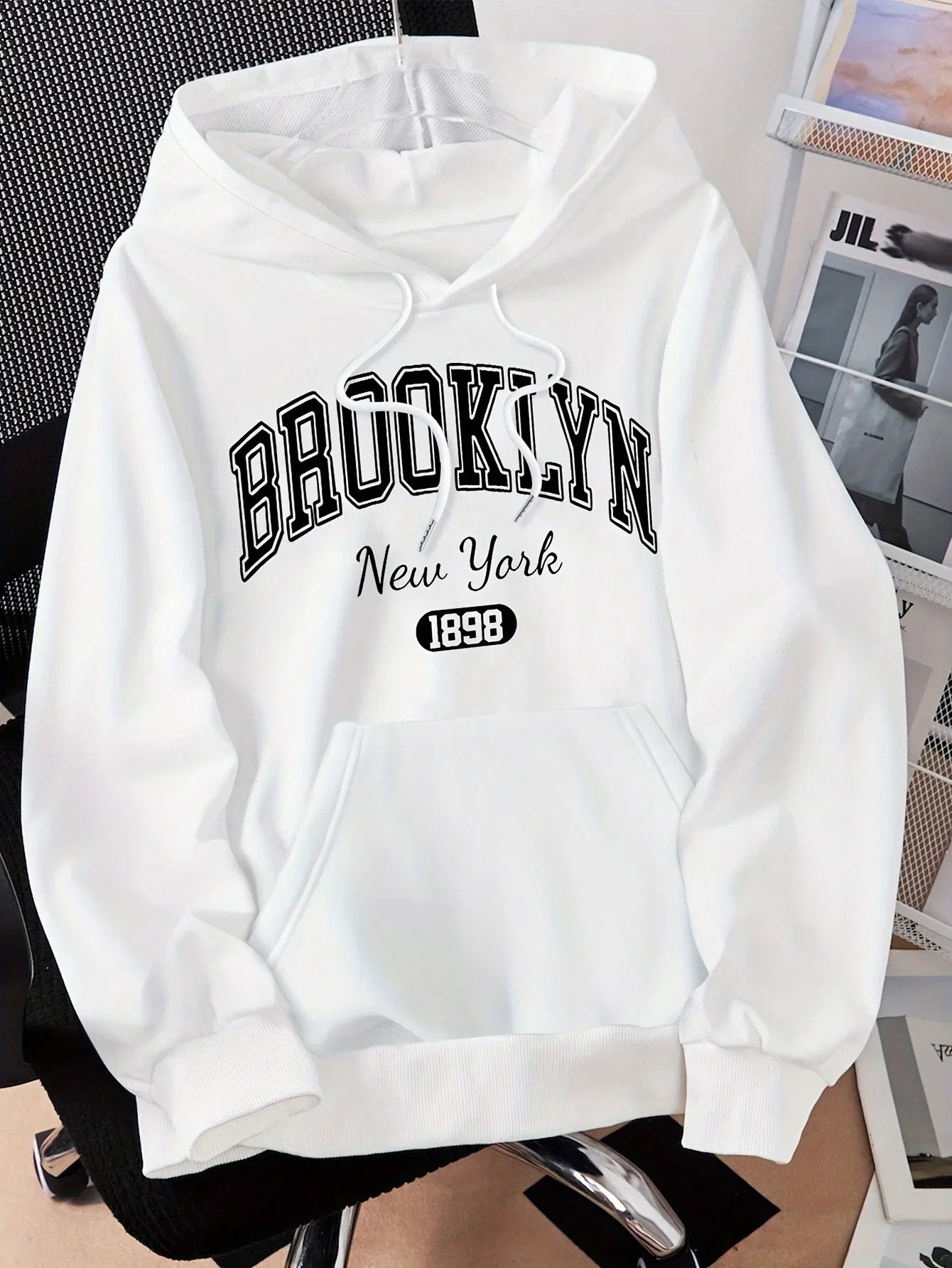 Brooklyn New York 1898 Hoodie Sweatshirt - Casual Polyester Hooded Pullover with Drawstring Alphabet Pattern LadyShow.Store