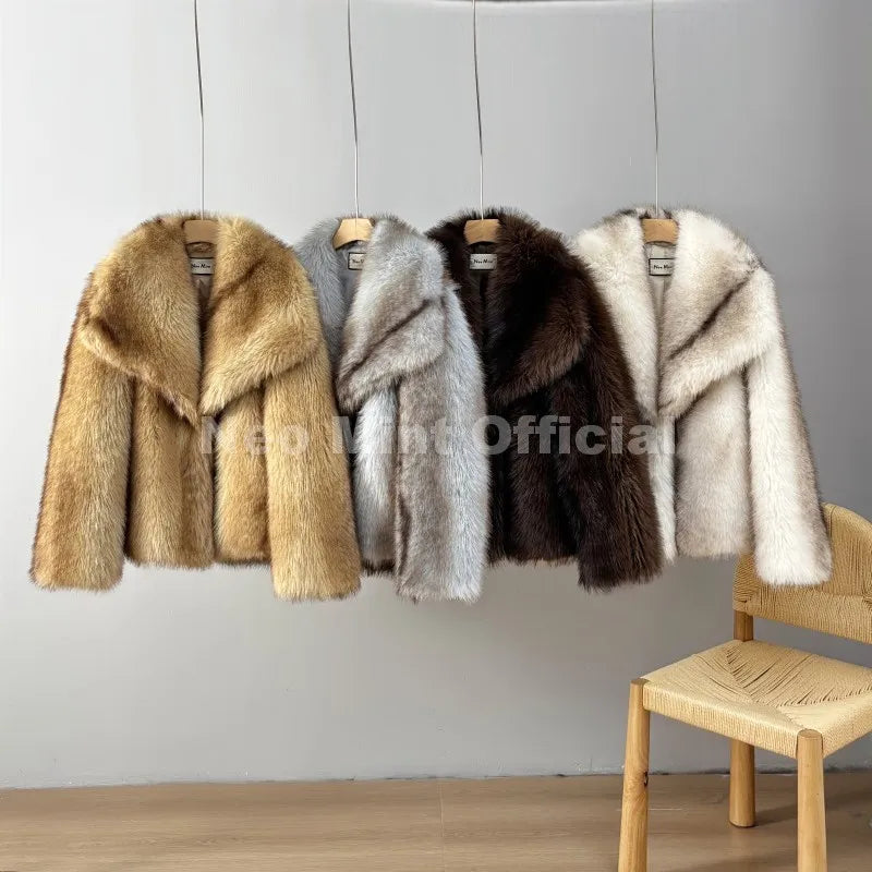 Neo Mint 2025 Winter Exclusive Striped Faux Fur Jacket Women Overcoat Brand Blogger Fashion Fluffy Fox Fur Collar Coat Outerwear LadyShow.Store