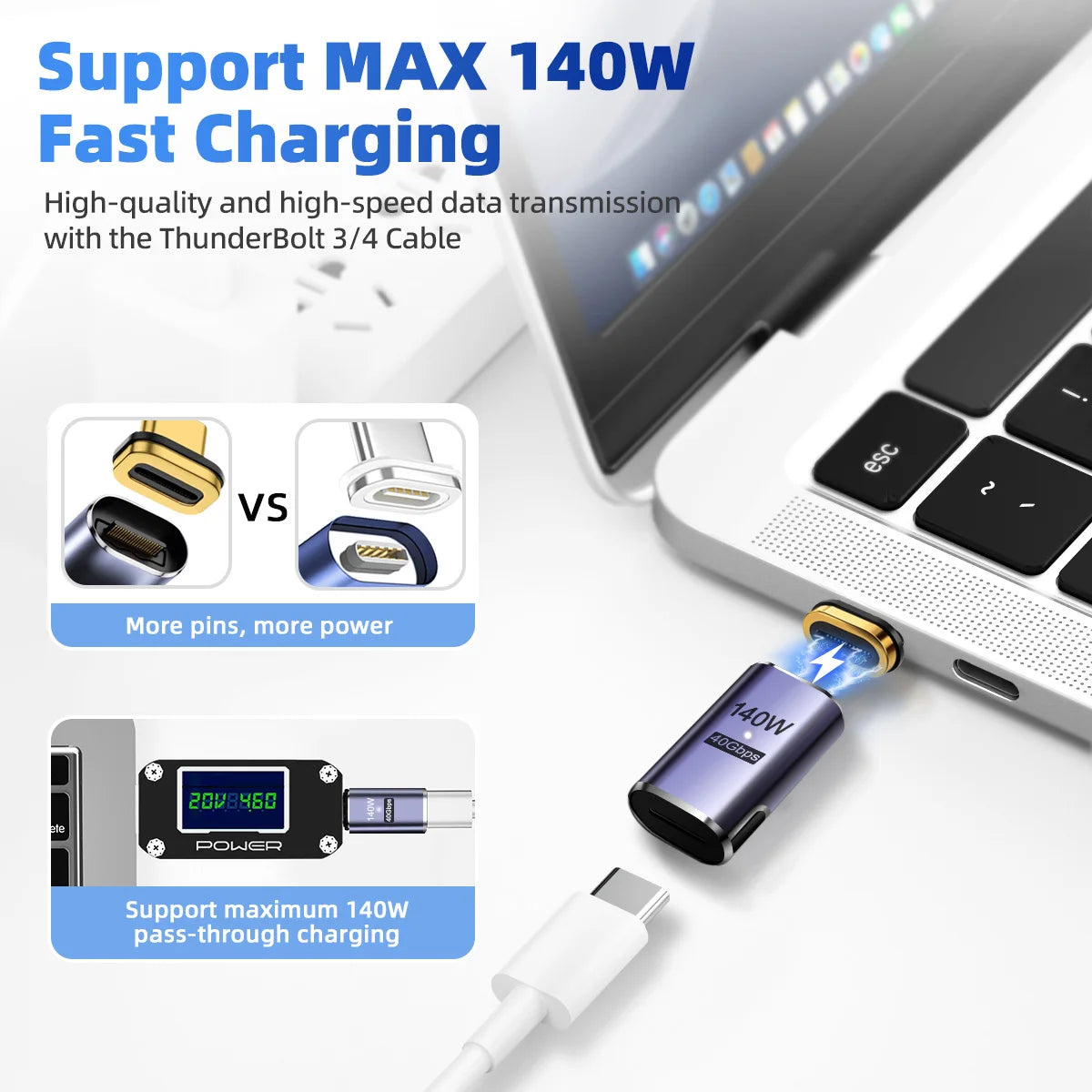 NNBILI 140W USB4.0 40Gbps Thunderbolt3 Magnetic Type-C TO USBC Fast Charge Magnet Converter Cable 8K@60Hz OTG USB Type C Adapter Pi-Mart