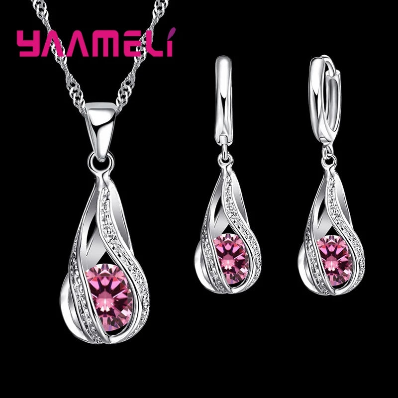 Hot Water Drop CZ 925 Sterling Silver Plated Jewelry Set For Women Pendant Necklace Hoop Earrings Wedding Party Ceremoey Anel Pi-Mart