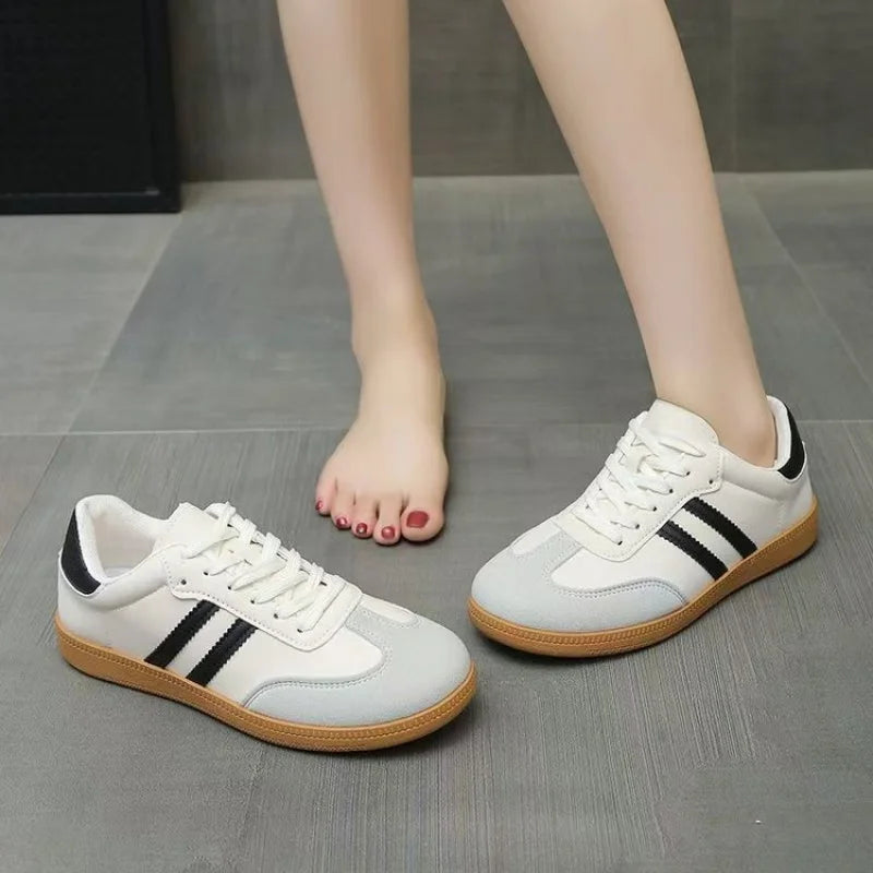 2025 Winter Women's White Platform Sneakers - Breathable Mesh Striped Casual Shoes Comfortable Flat Shoes Pi-Mart