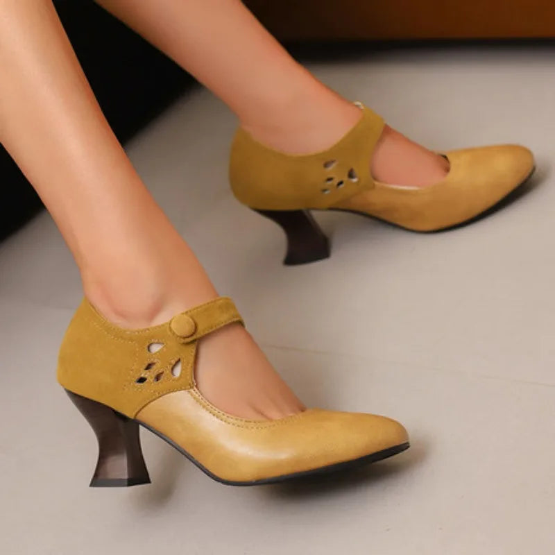 Summer Spring Cute Women Pumps Round Toe 6.5cm Small Heels Flock and PU Ankle Strap Buckle Green Yellow Big Size 46 48 Pi-Mart