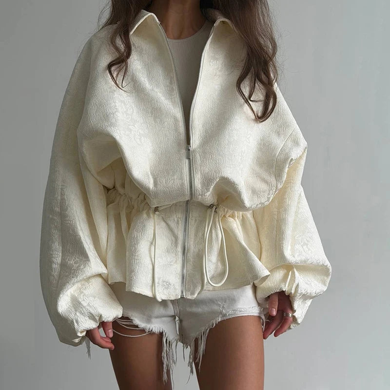 Luxury Apricot Texture Jacket Drawstring Waist Slim Puff Sleeves 2026 Women's Autumn Jackets Chic Commute Date Daily Outerwear Pi-Mart