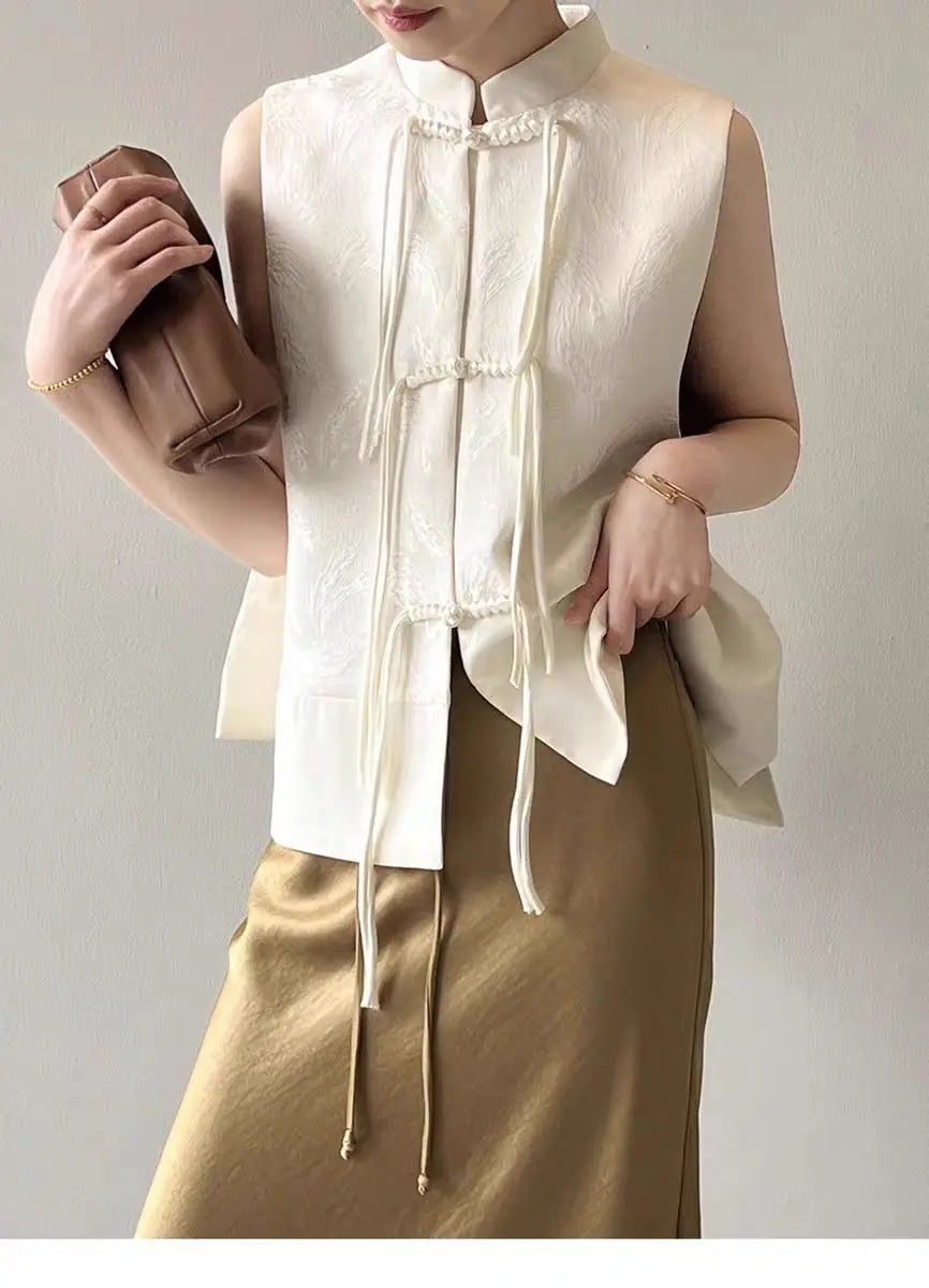 2026 spring new chinese new style plate buckle waistcoat jacket jacquard stand collar sleeveless retro women cheongsam waistcoat Pi-Mart