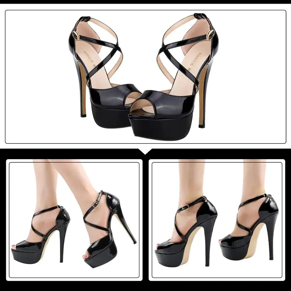 2026 Women Sandals 14CM Platform High Heels Sexy Ankle Strap Sandal Open Toe Stilettos Party Dress Wedding Shoes Plus Size 44 Pi-Mart