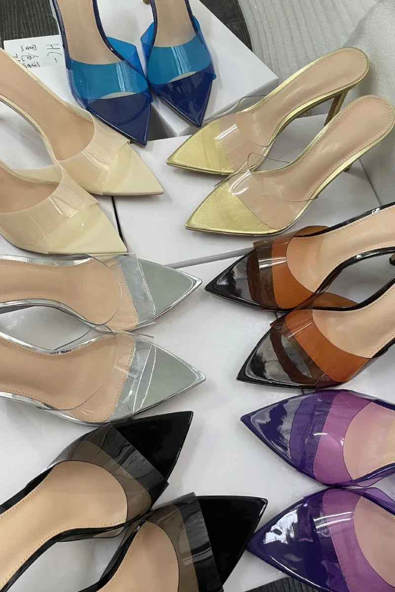 New Summer Women's High-heeled Sandals Simple Transparent High-heeled Slippers Stiletto Pointed Open-toed Slippers Mules LadyShow.Store