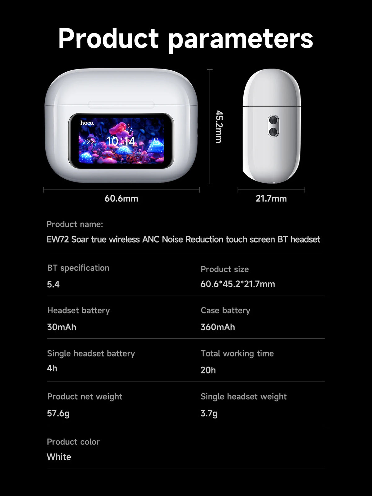 HOCO EW72 Wirelss Bluetooth 5.4 ANC Noise Reduction Earphone With LED Full Touch Smart Screen Charging Box Music Sports Earbuds Pi-Mart