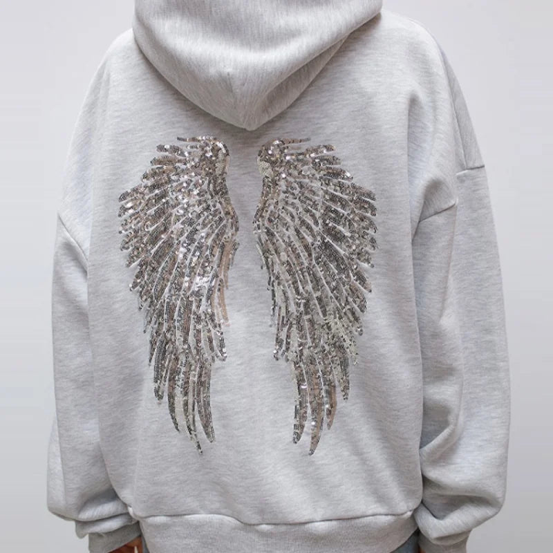 Women's Shinny Sequin Angel Wings Hooded Jacket Pant Long Sleeve Loose Casual Hooded Pullover 2025 New Lady Y2K Autumn Outwears LadyShow.Store