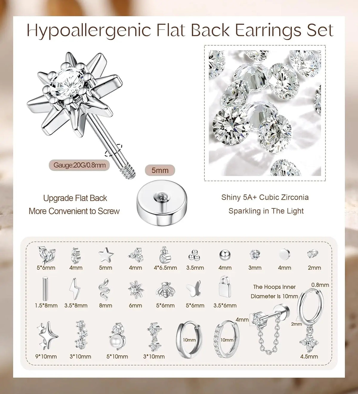 Bobisty 1pc Earrings for Sensitive Ears Surgical Stainless Steel Earrings for Women Dainty Flat Back Earring Stud Hoop Cartilage Pi-Mart