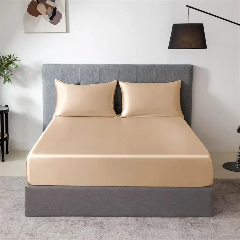 3pcs Set 100% Mulberry Silk Bed Sheet Set with 1pc Fitted Sheet and 2pcs Pillowcase Mattress Cover for Double King Queen Size LadyShow.Store