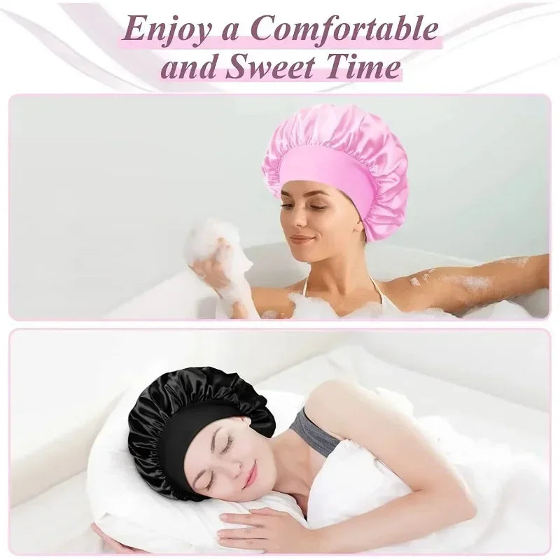 1pcs Soft Silk Satin Lined Bonnet Large Satin Hair Bonnet Household Sleep Shower Cap Hair Wrap Cover for Long Hair Salon Tool Tri Light Beauty