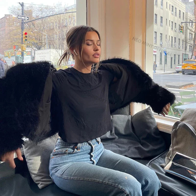 Neo Mint Street Fashion Shawl Collar Faux Fox Fur Coat Women 2024 Winter Cool Girls Black Short Fur Jacket Vintage Chic Overcoat LadyShow.Store