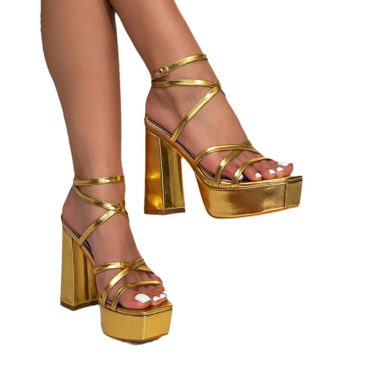 2026 Women's Gold Cross Strap Metallic Strappy Platform High Heels Chunky Sandals Party Evening Footwear Q-353 Pi-Mart